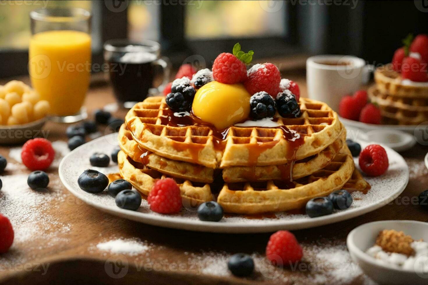 a mouthwatering breakfast with Belgian waffles, served on a rustic wooden table adorned with fresh berries and a dollop of whipped cream. photo