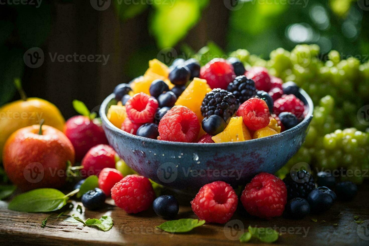 Food Photography of a bowl filled with a colorful assortment of fresh organic fruits. photo