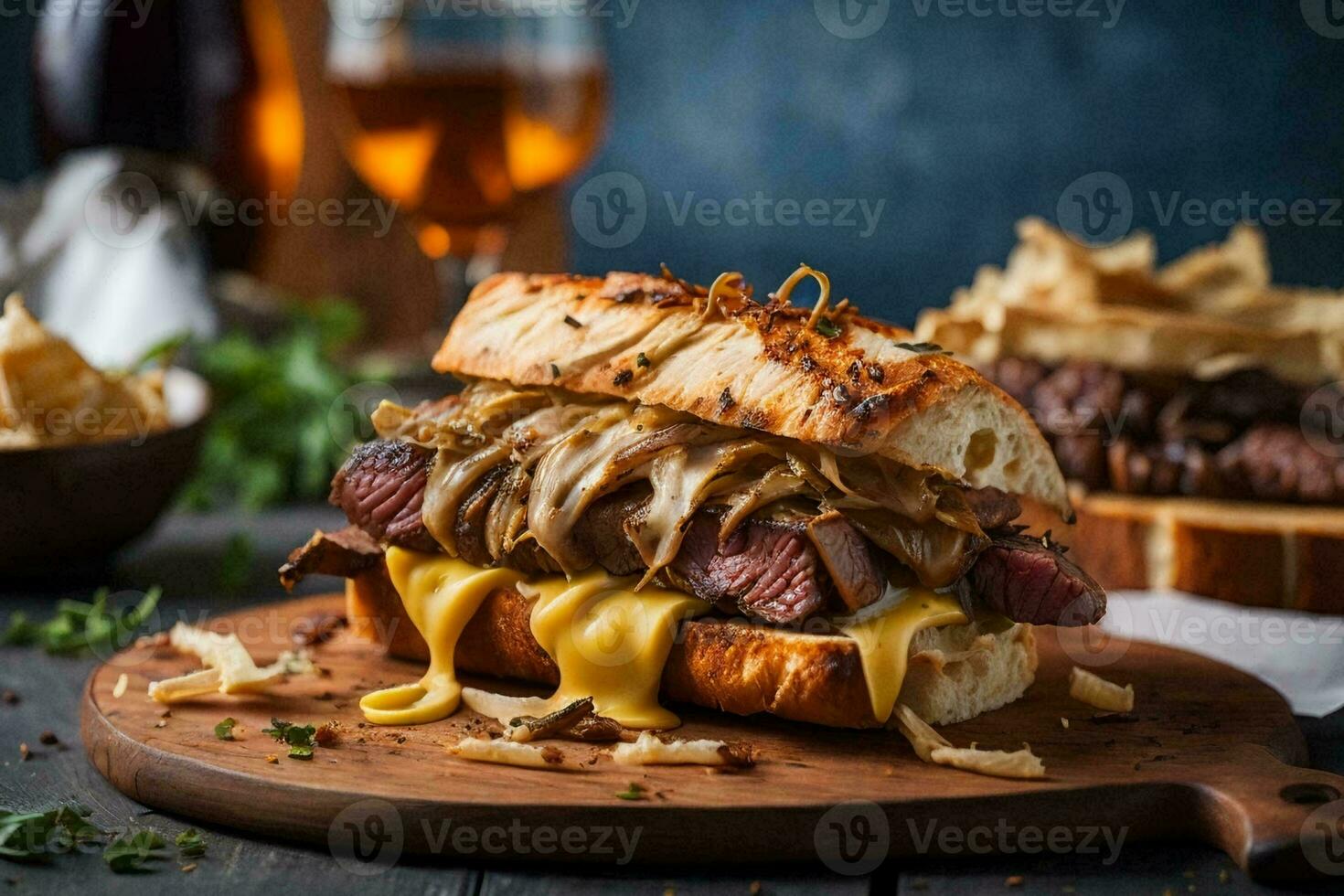comida fotografía de un jugoso hamburguesa con crujiente lechuga y Derretido queso, perfectamente apilado Entre dos tostado bollos foto