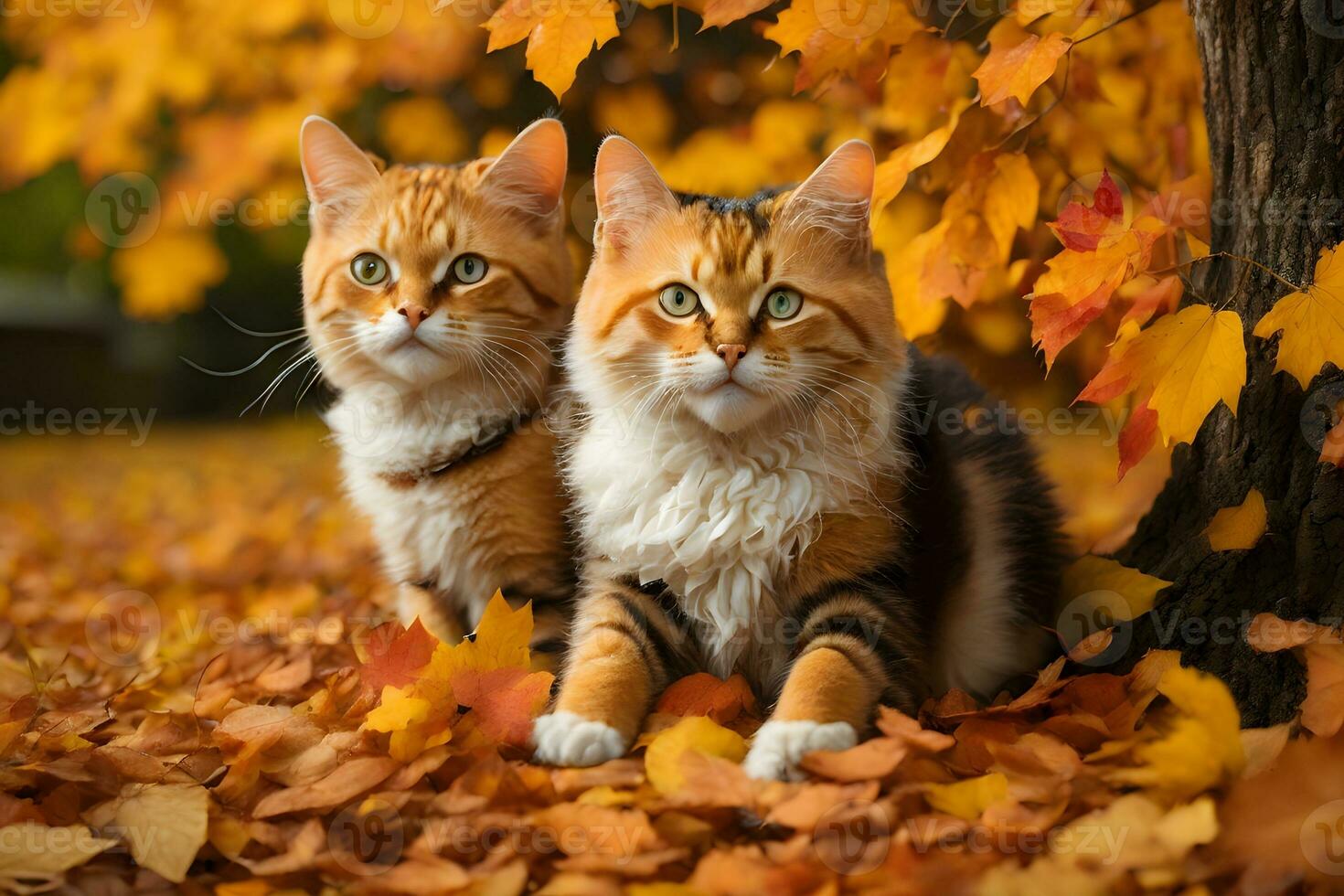 two playful cats in a vibrant autumn setting, surrounded by a colorful carpet of fallen leaves. photo