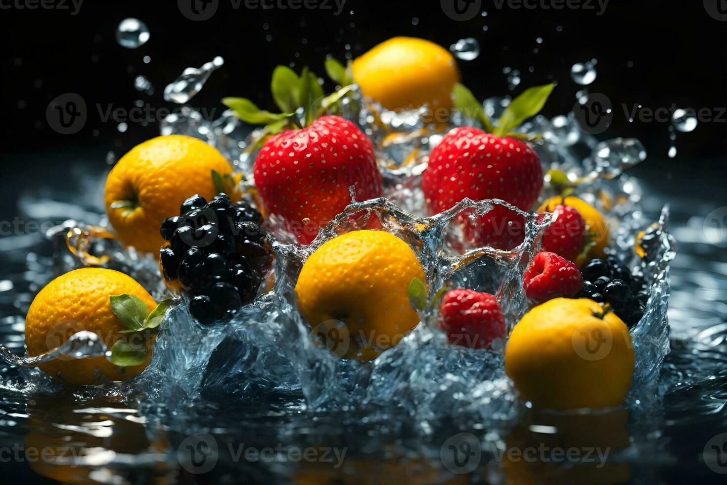 a photo realistic image of a bunch of fruits splashing into water.
