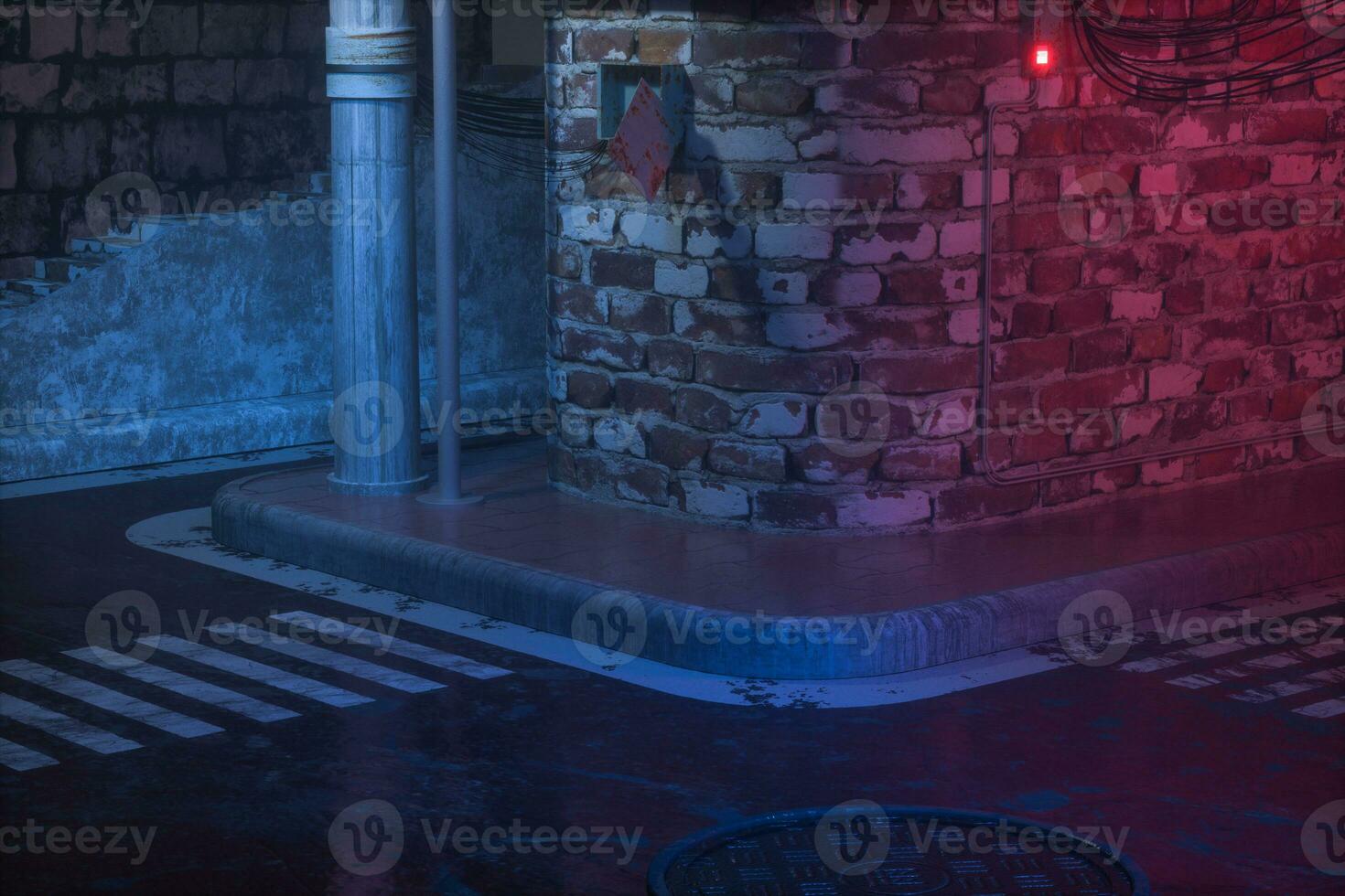 Vintage streets with colorful lights at night, 3d rendering. photo