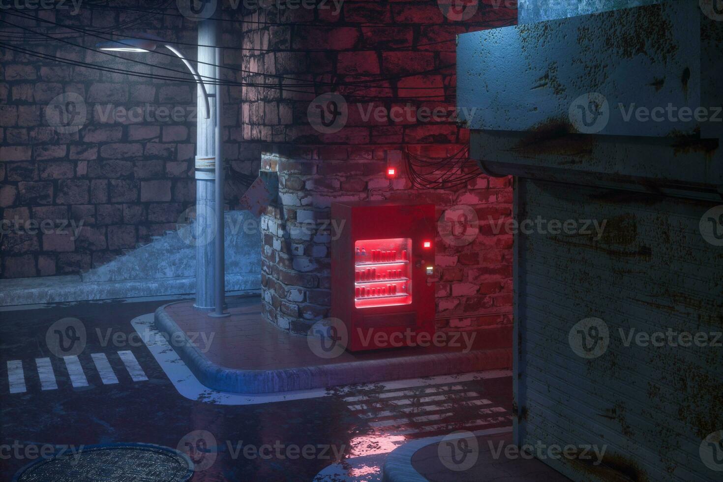 A retro street with vending machines on the side of the road at night, 3d rendering. photo