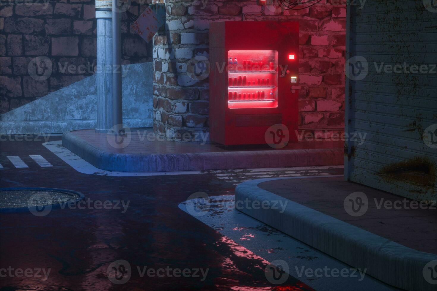 A retro street with vending machines on the side of the road at night, 3d rendering. photo