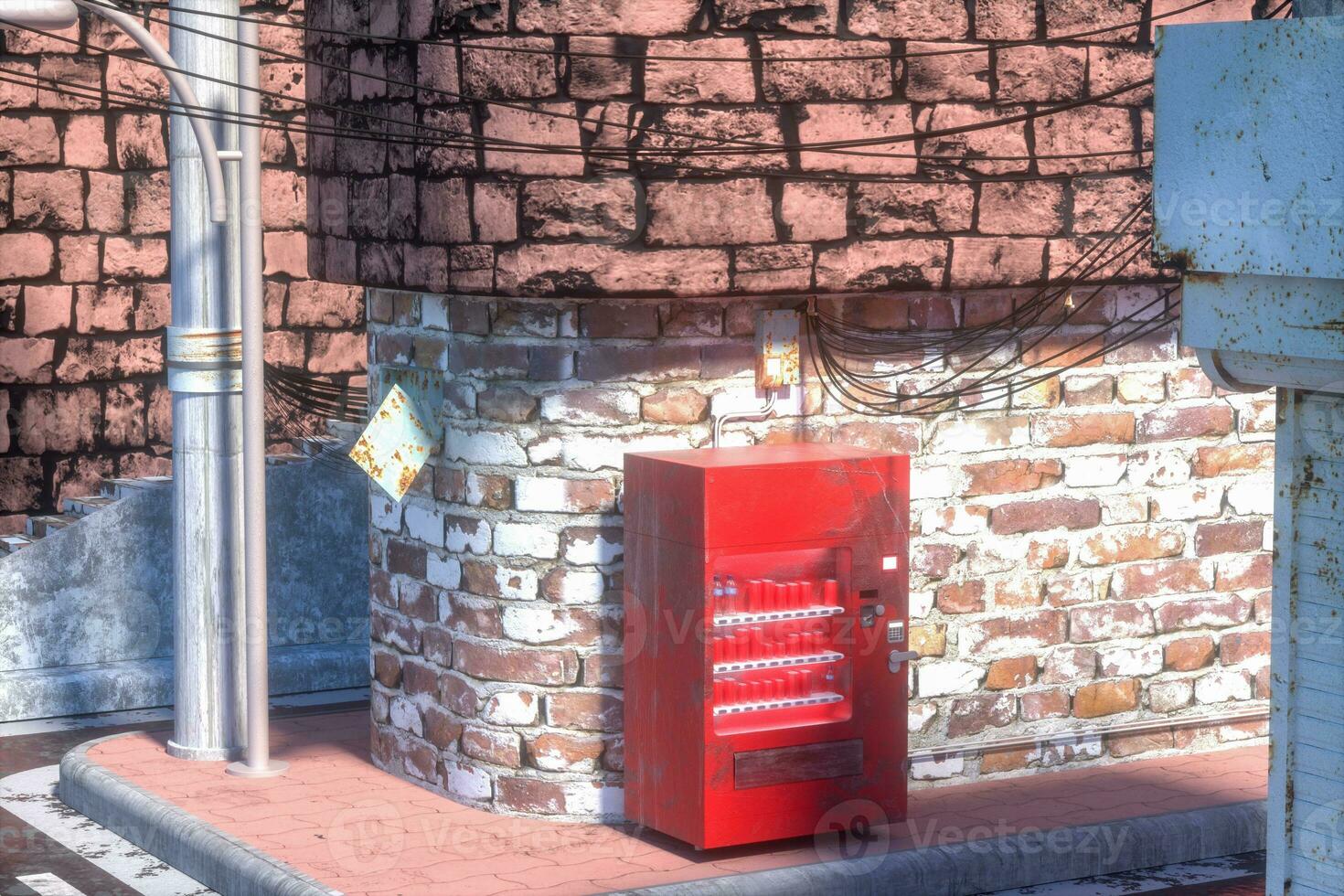 The retro city street with brick buildings by the road, 3d rendering. photo