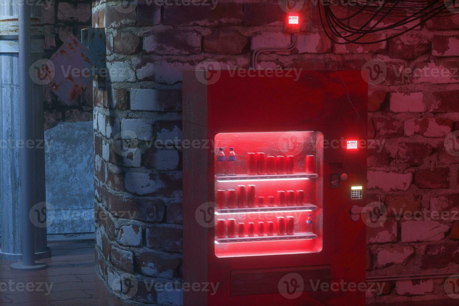 A retro street with vending machines on the side of the road at night, 3d rendering. photo