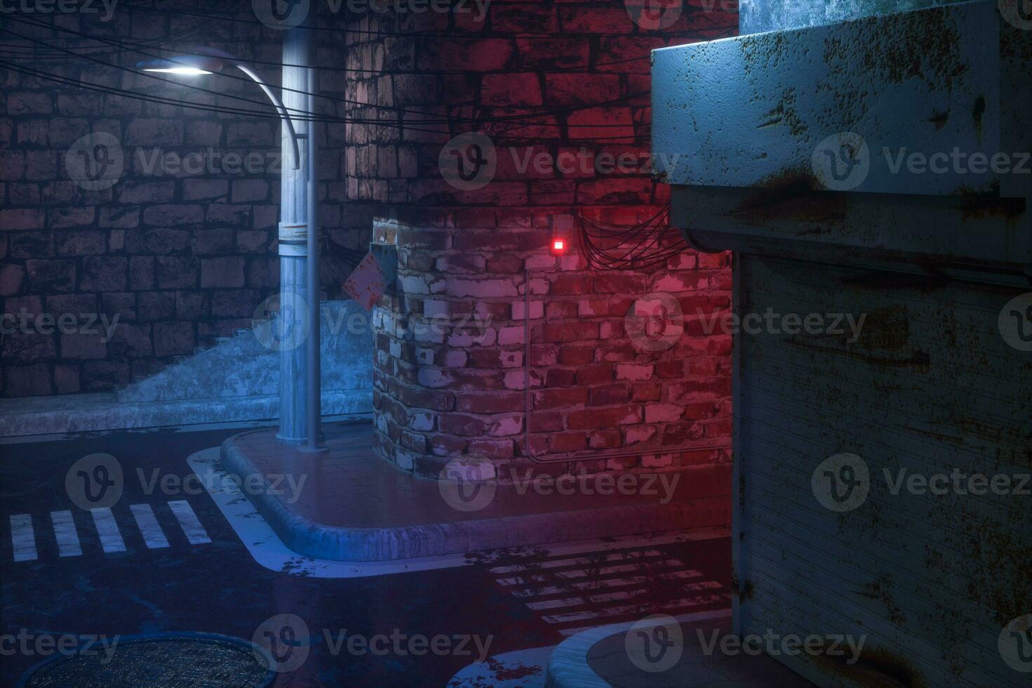 Vintage streets with colorful lights at night, 3d rendering. photo