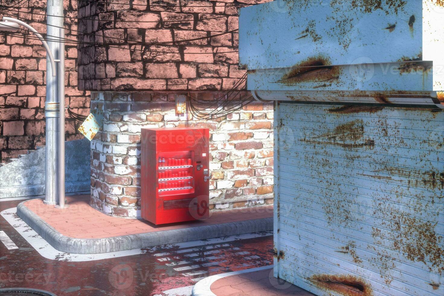 The retro city street with brick buildings by the road, 3d rendering. photo