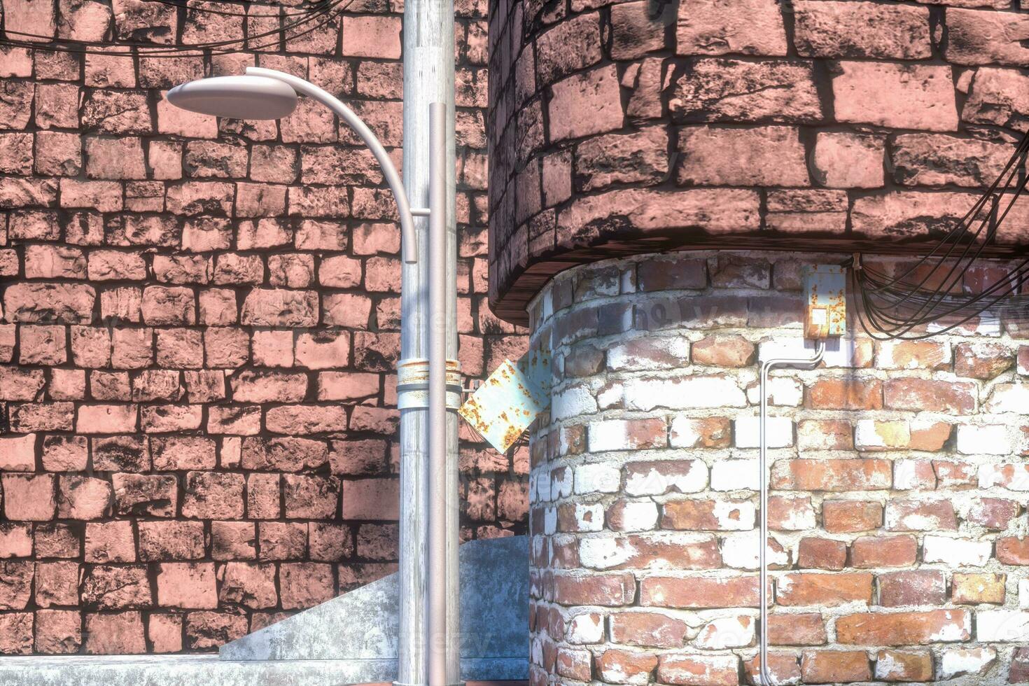 The retro city street with brick buildings on the side, 3d rendering. photo