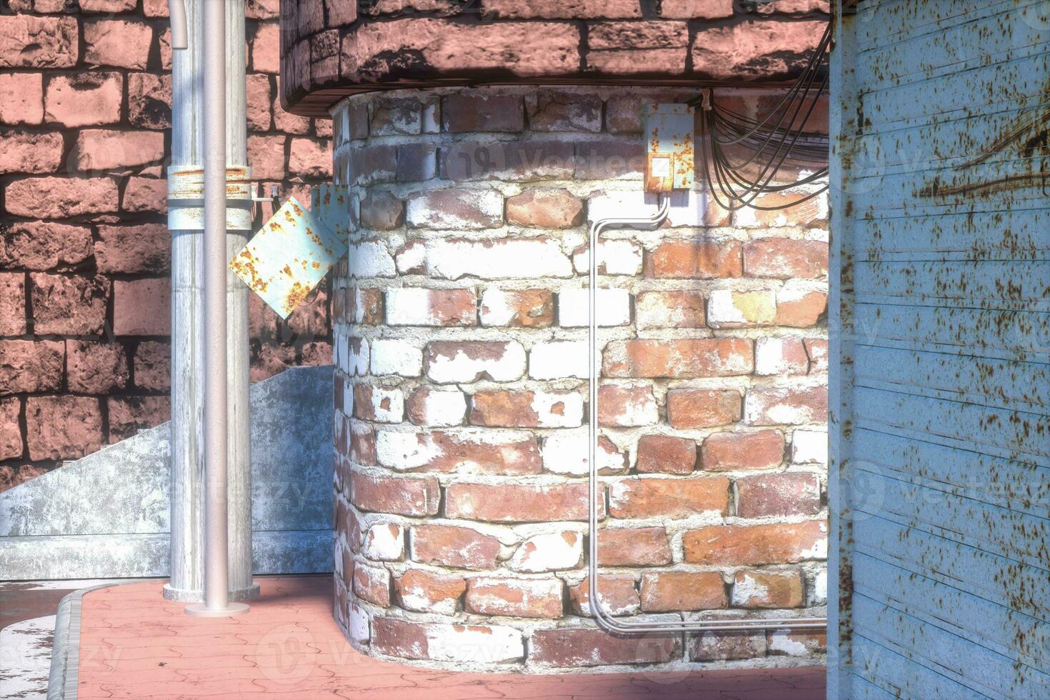 The retro city street with brick buildings on the side, 3d rendering. photo