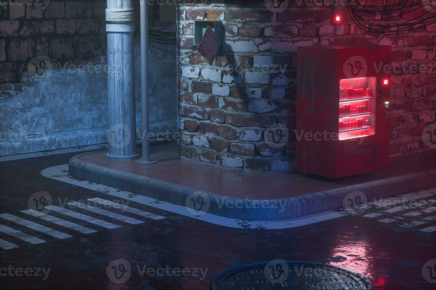 A retro street with vending machines on the side of the road at night, 3d rendering. photo