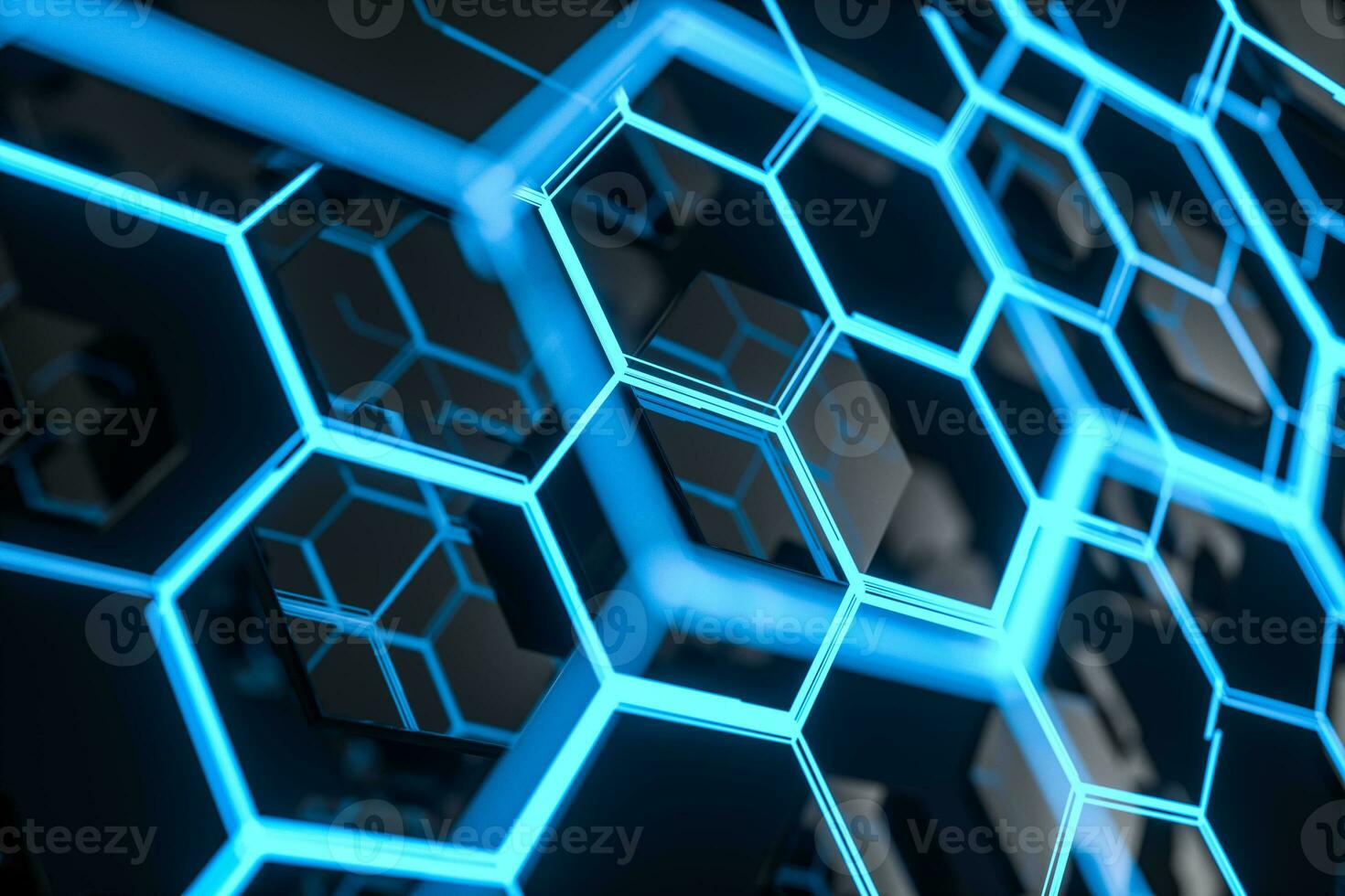 Blue hexagon and glowing lines crossed, 3d rendering. photo