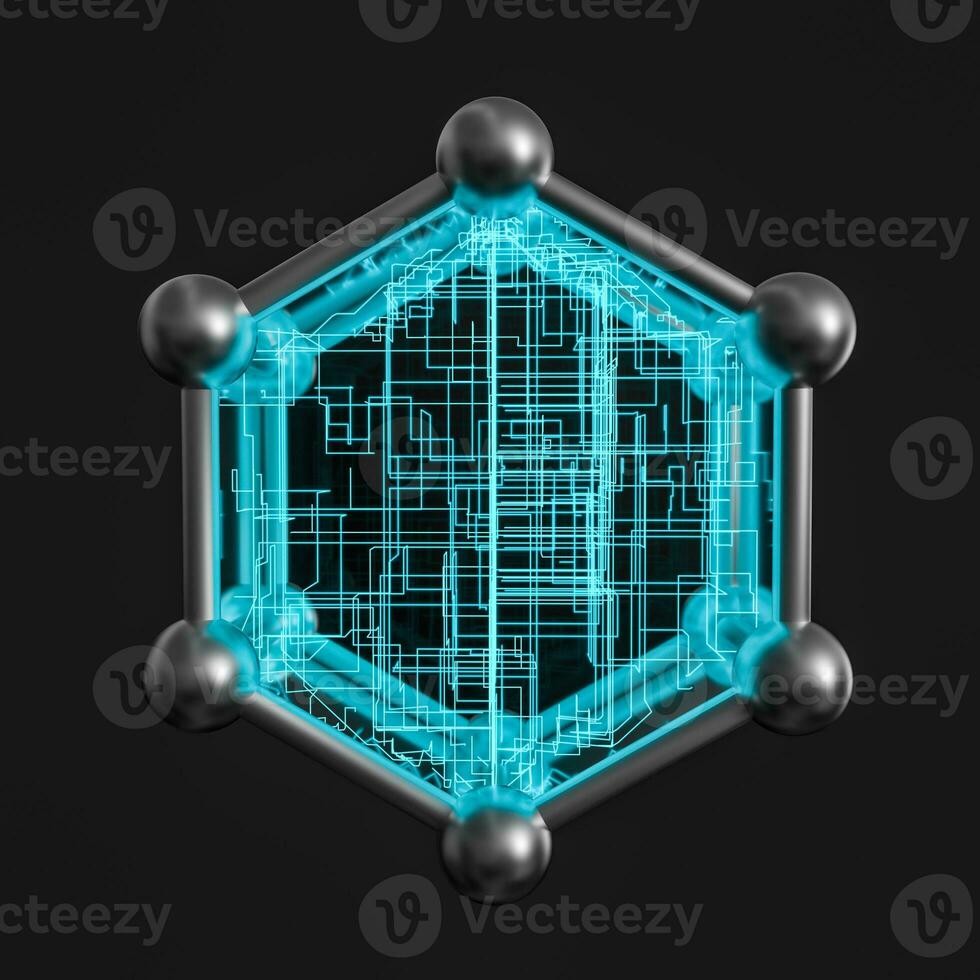 Blue hexagon and glowing lines crossed, 3d rendering. photo