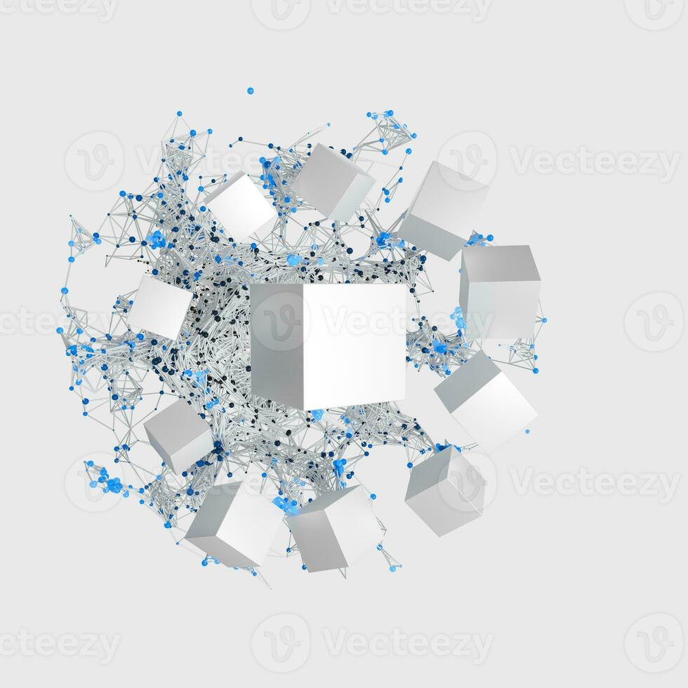 Glowing nodes with white cubes, 3d rendering photo