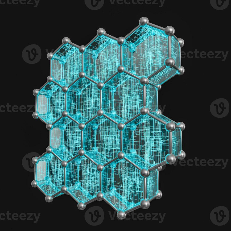 Blue hexagon and glowing lines crossed, 3d rendering. photo