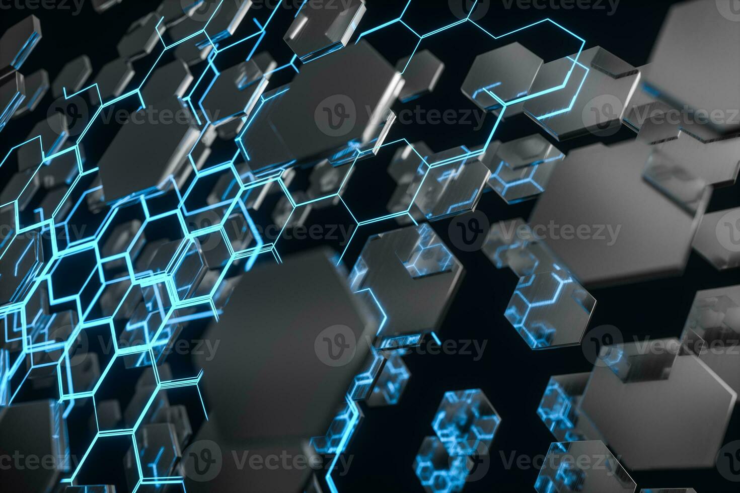 Blue hexagon and glowing lines crossed, 3d rendering. photo