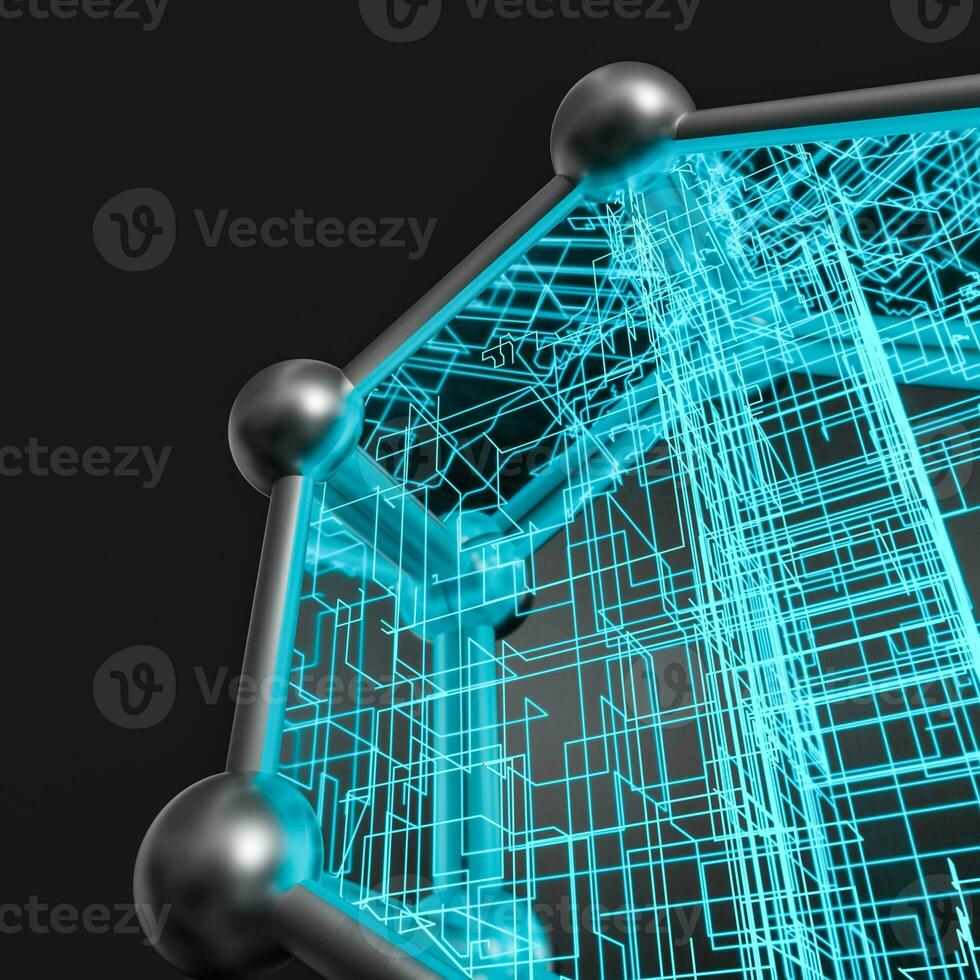 Blue hexagon and glowing lines crossed, 3d rendering. photo