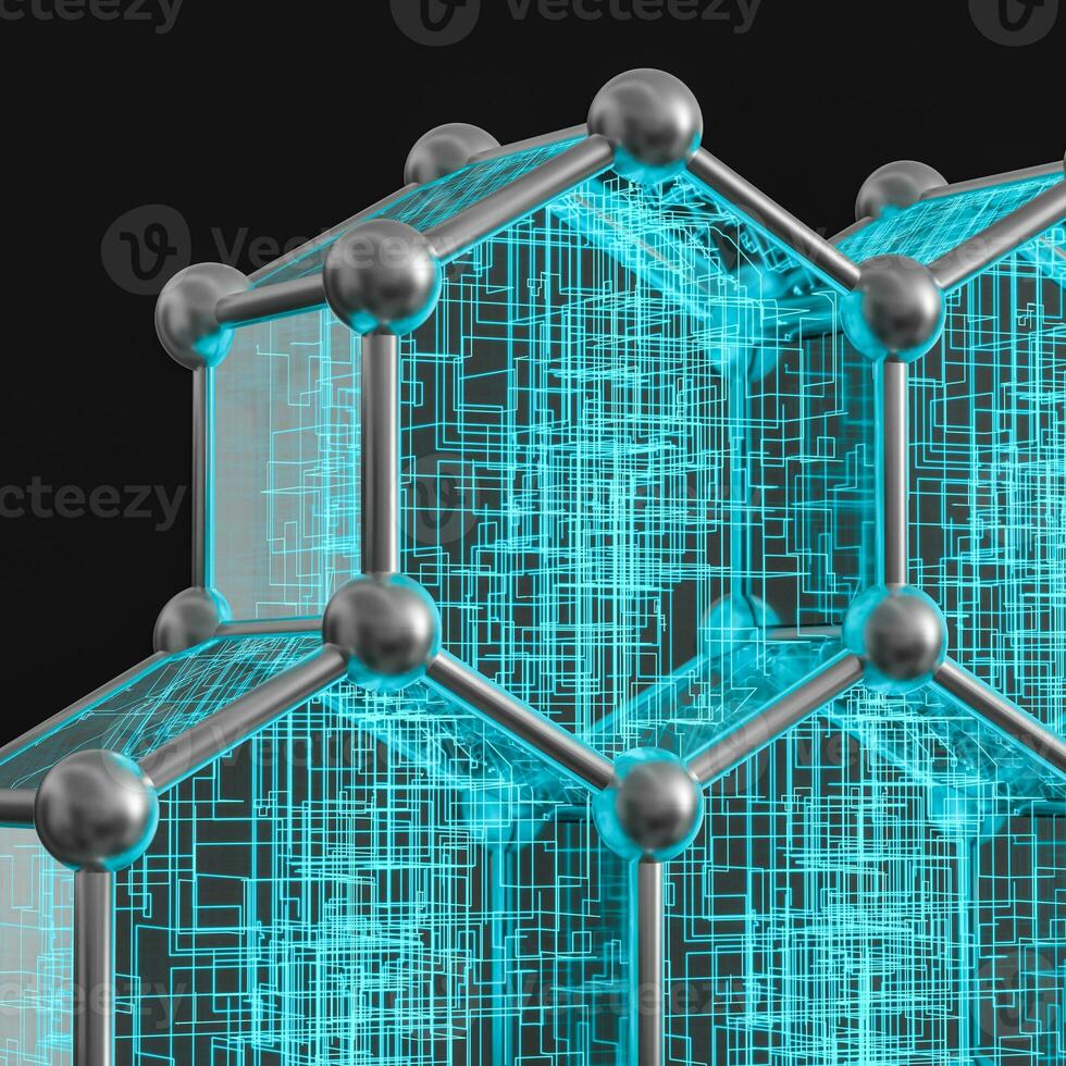 Blue hexagon and glowing lines crossed, 3d rendering. photo