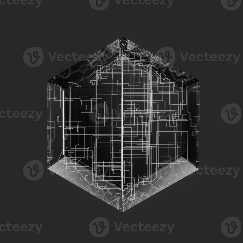 Blue hexagon and glowing lines crossed, 3d rendering. photo