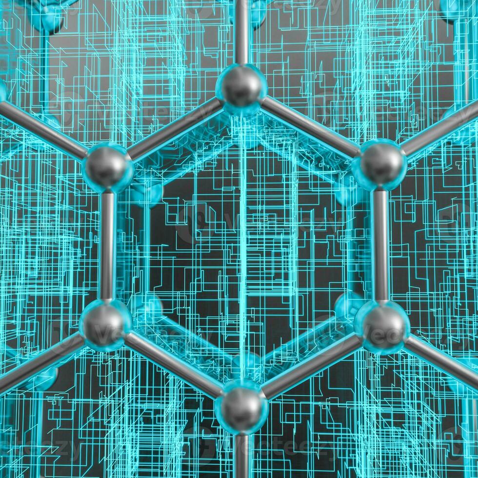 Blue hexagon and glowing lines crossed, 3d rendering. photo