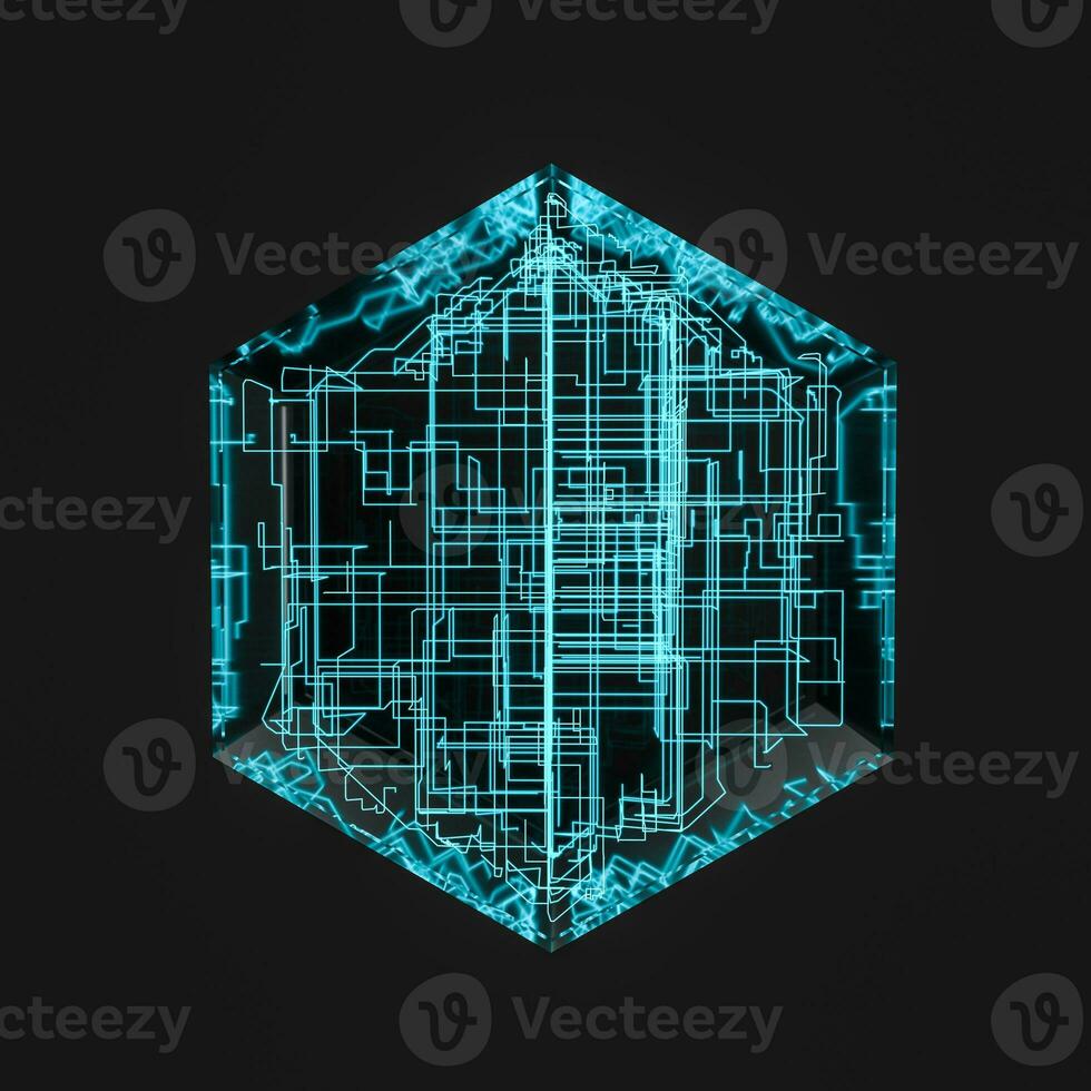 Blue hexagon and glowing lines crossed, 3d rendering. photo