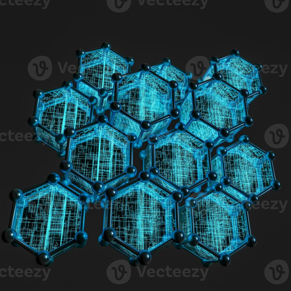 Blue hexagon and glowing lines crossed, 3d rendering. photo