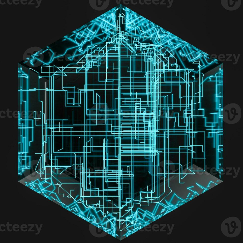 Blue hexagon and glowing lines crossed, 3d rendering. photo