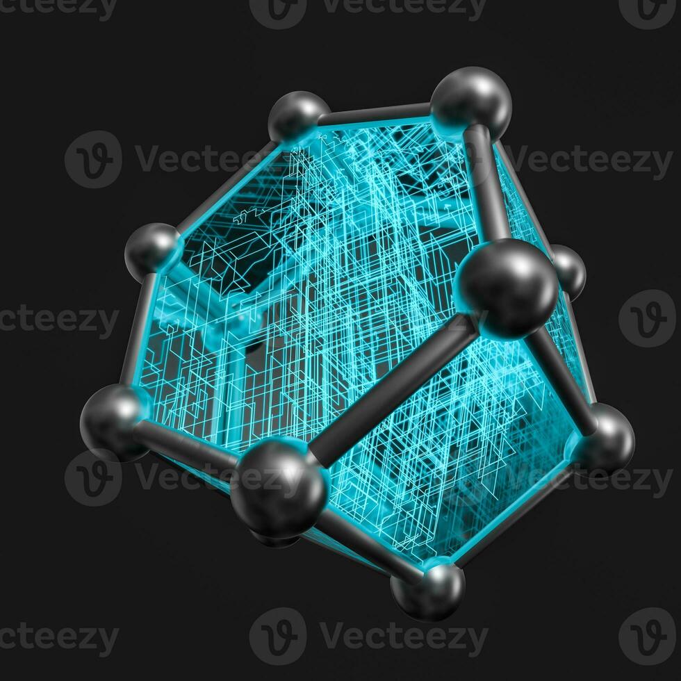 Blue hexagon and glowing lines crossed, 3d rendering. photo