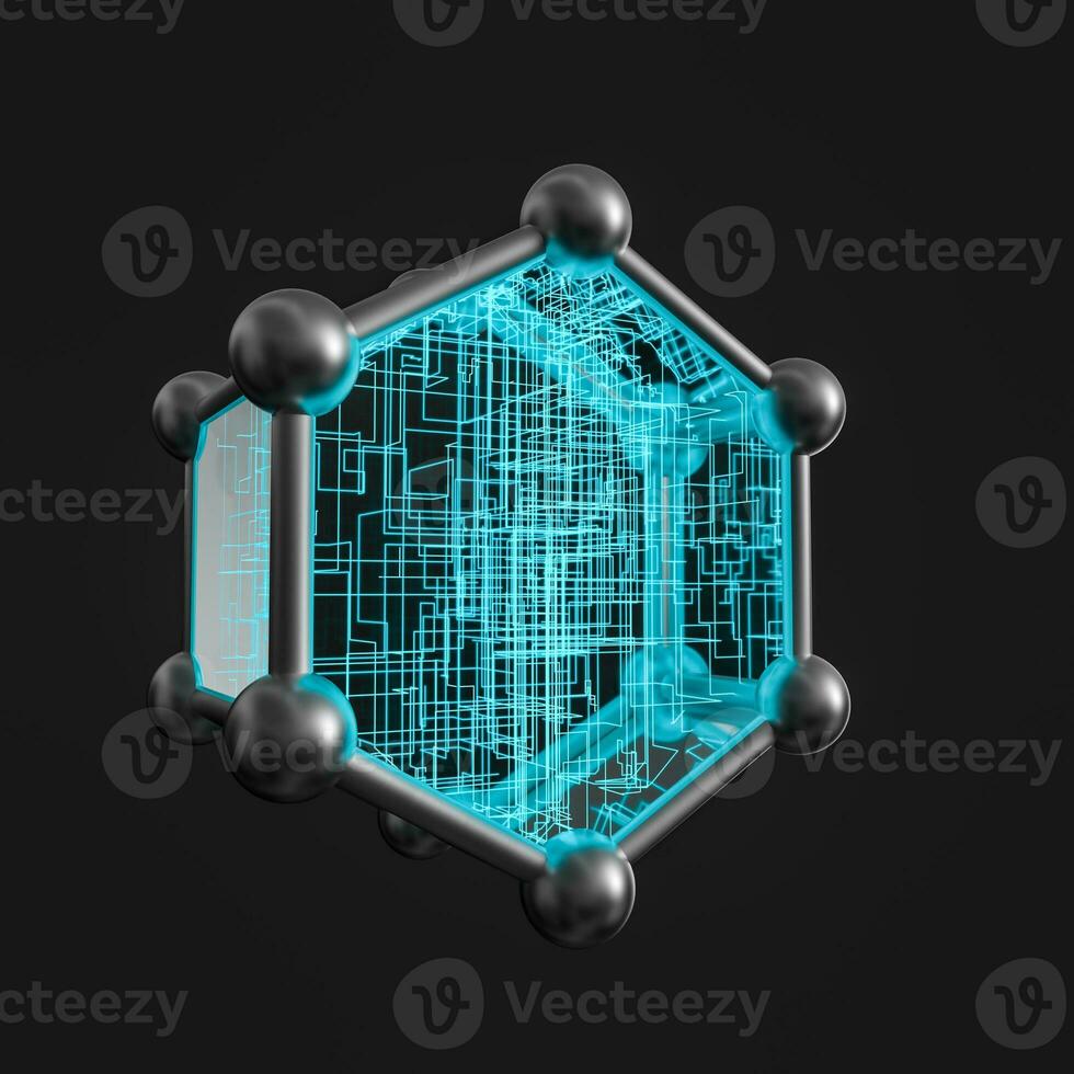 Blue hexagon and glowing lines crossed, 3d rendering. photo