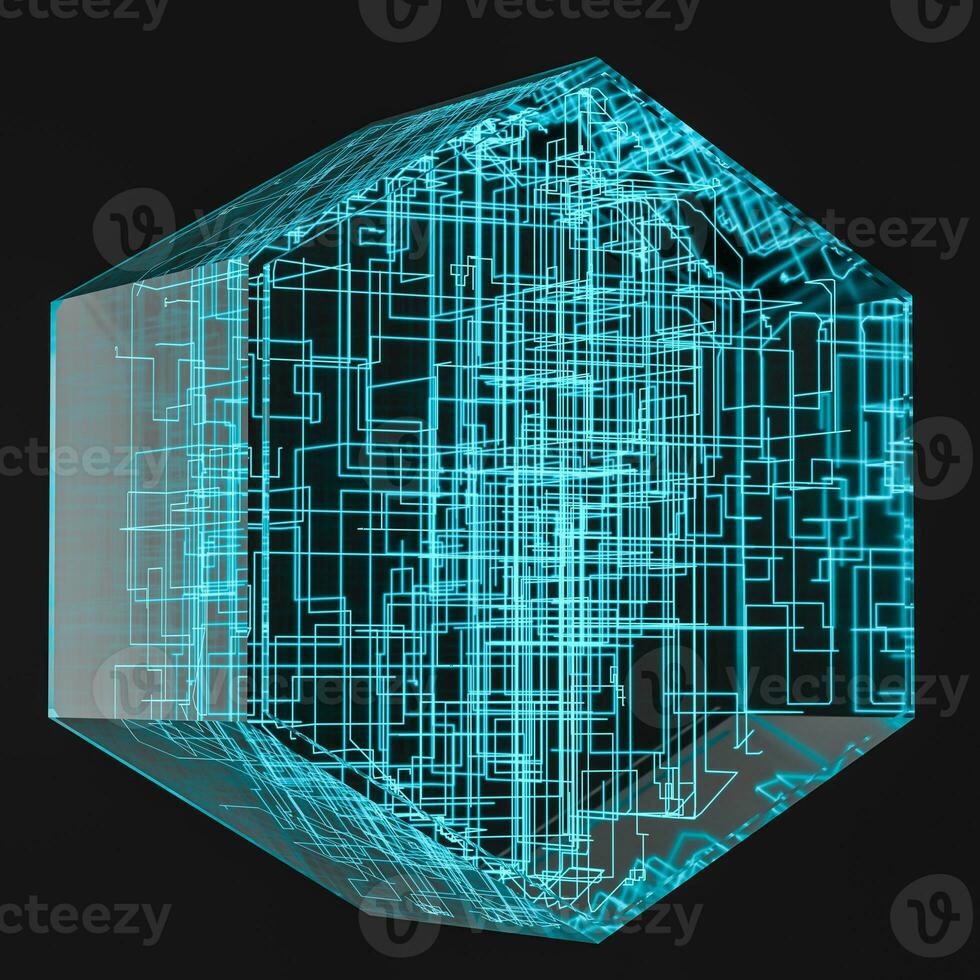 Blue hexagon and glowing lines crossed, 3d rendering. photo