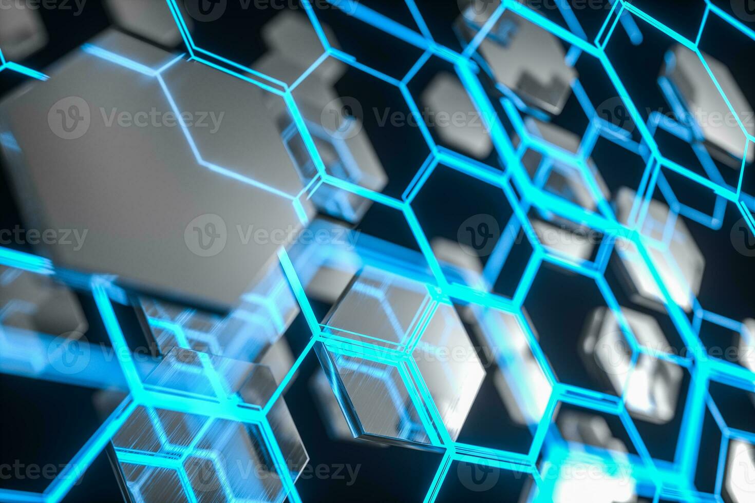 Blue hexagon and glowing lines crossed, 3d rendering. photo