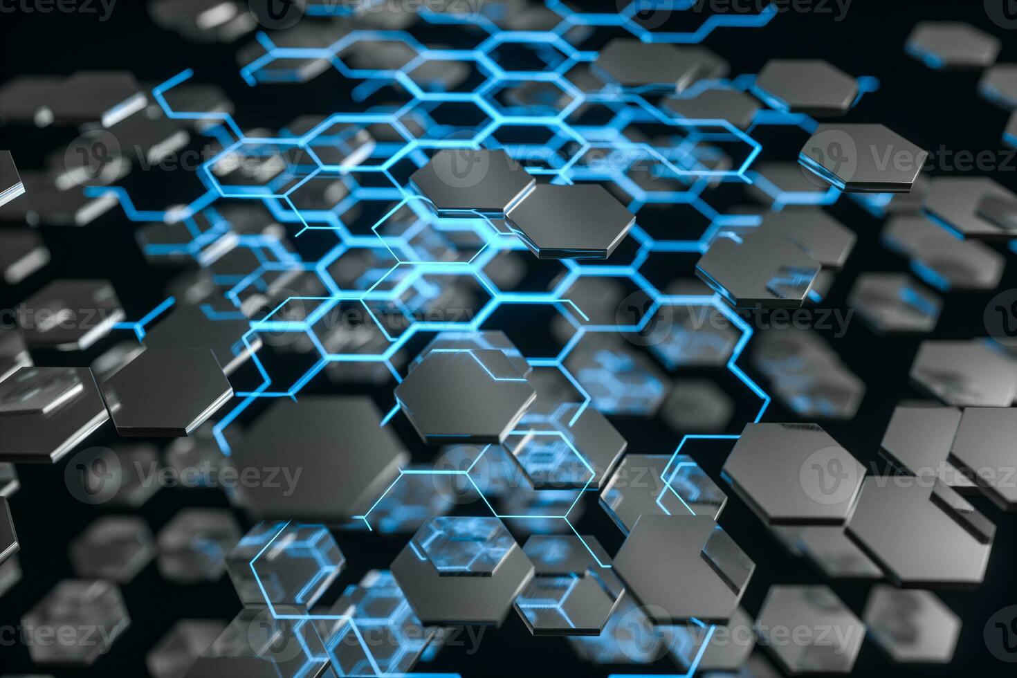 Blue hexagon and glowing lines crossed, 3d rendering. photo