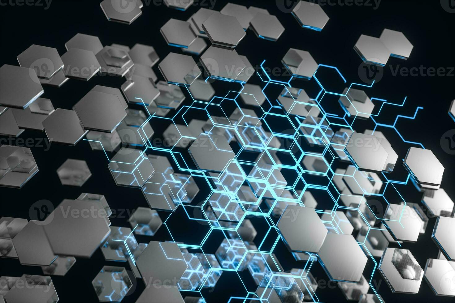Blue hexagon and glowing lines crossed, 3d rendering. photo