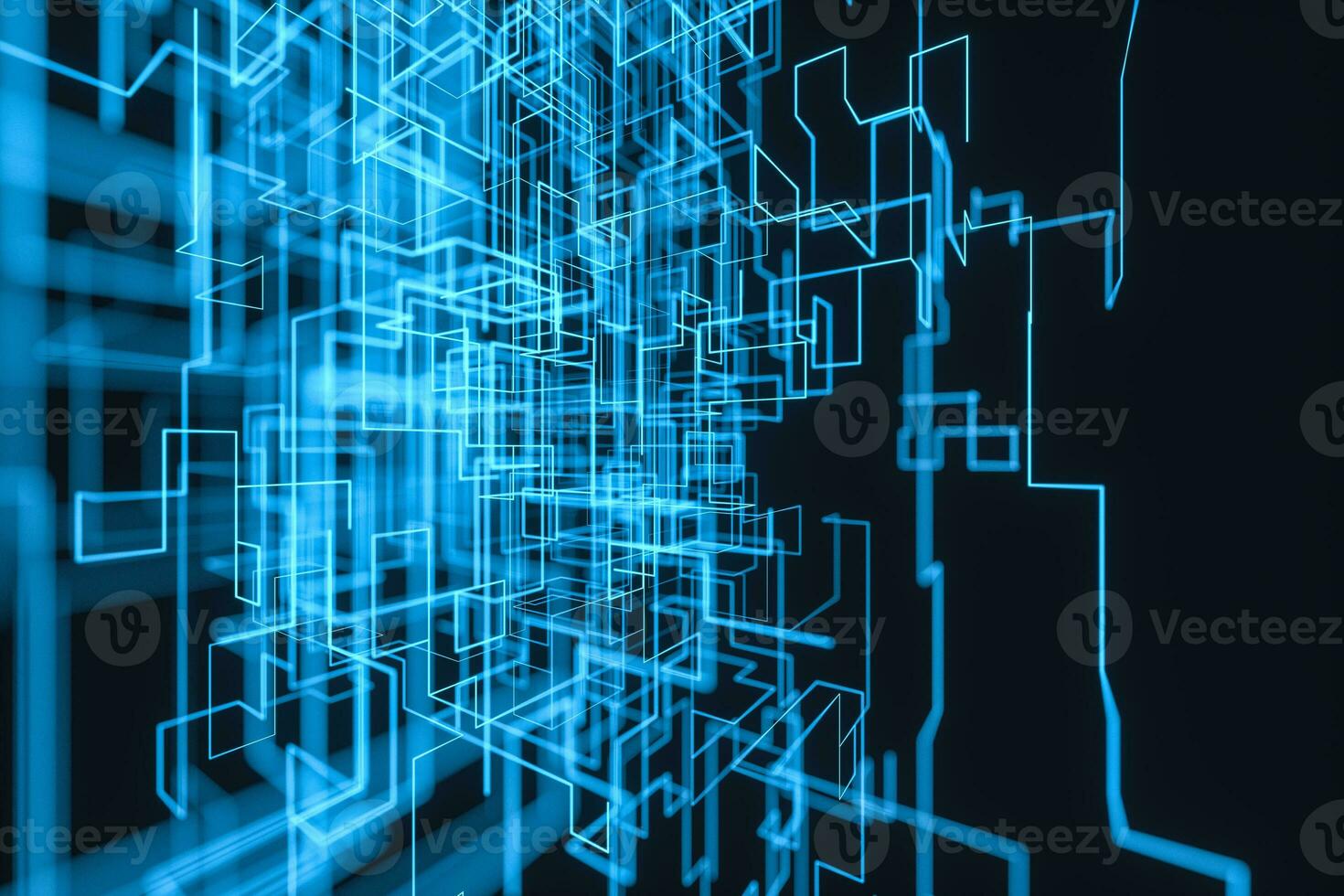 Blue cyber space with crossed glowing lines, 3d rendering. photo