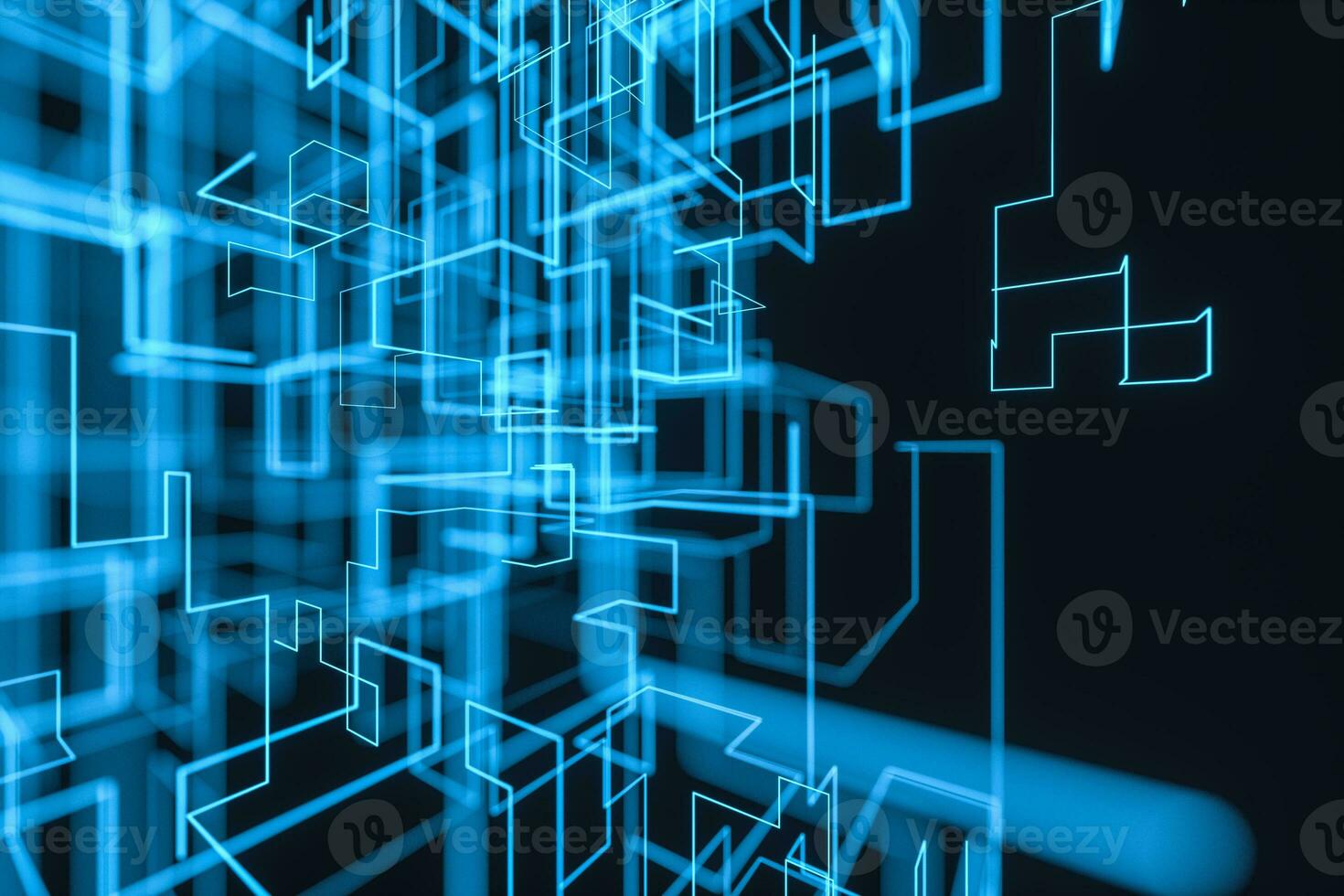 Blue cyber space with crossed glowing lines, 3d rendering. photo