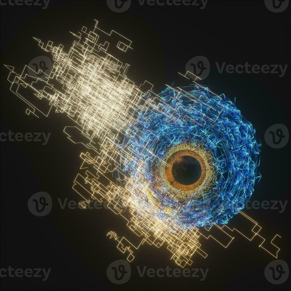 resumen mecánico globo ocular con alta tecnología línea, 3d representación. foto