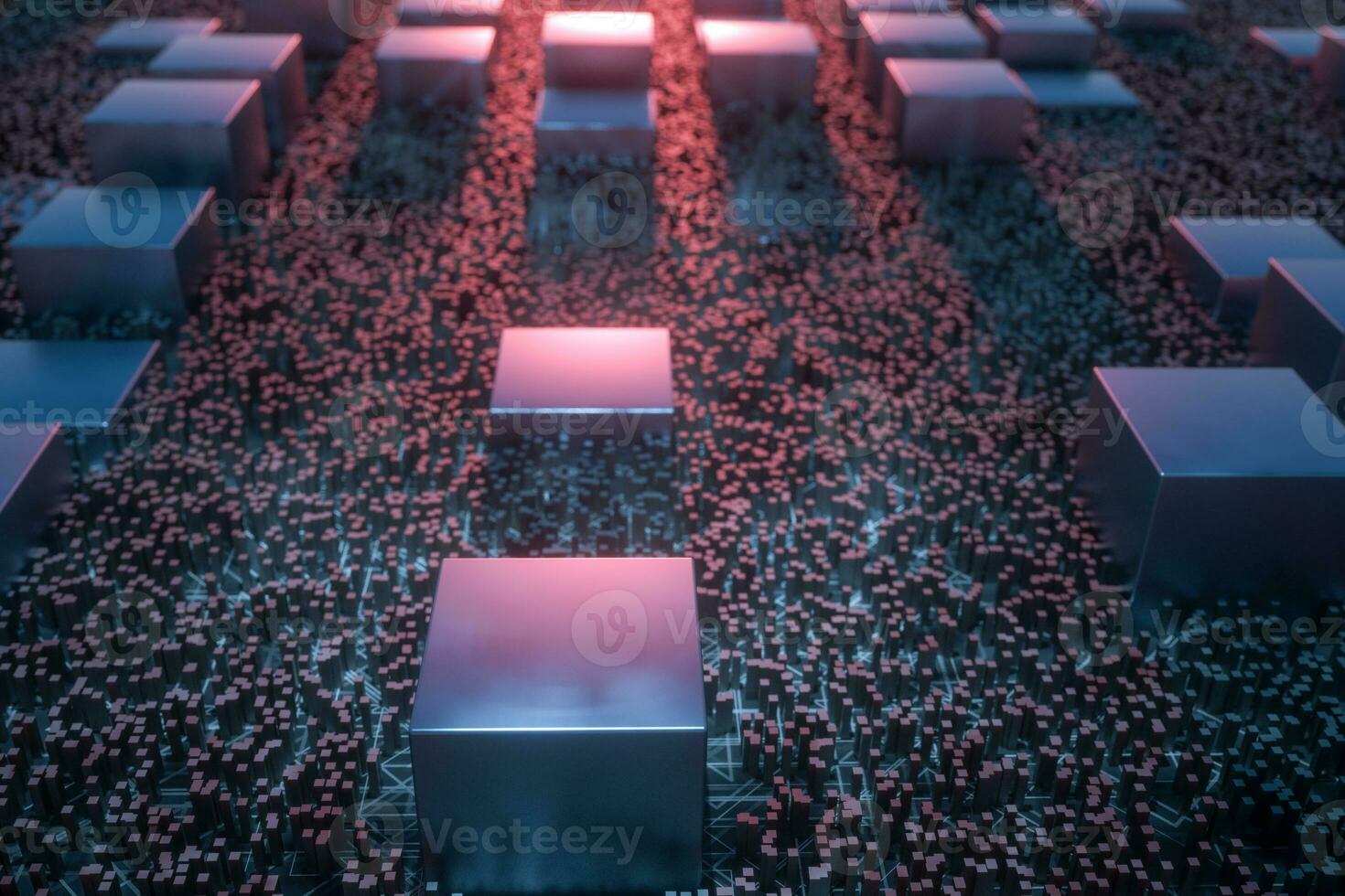 Dark technological lines background with cubes and lines, 3d rendering. photo