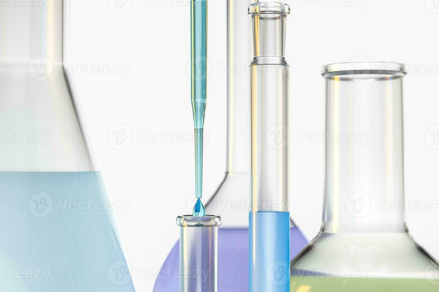 3d representación, químico vasos en el laboratorio foto