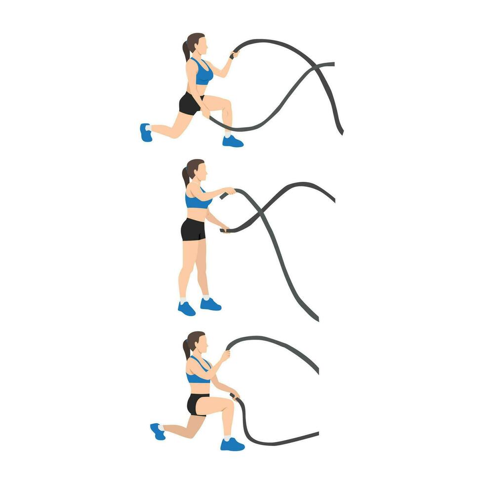 Woman doing Battle rope reverse lunges exercise. vector