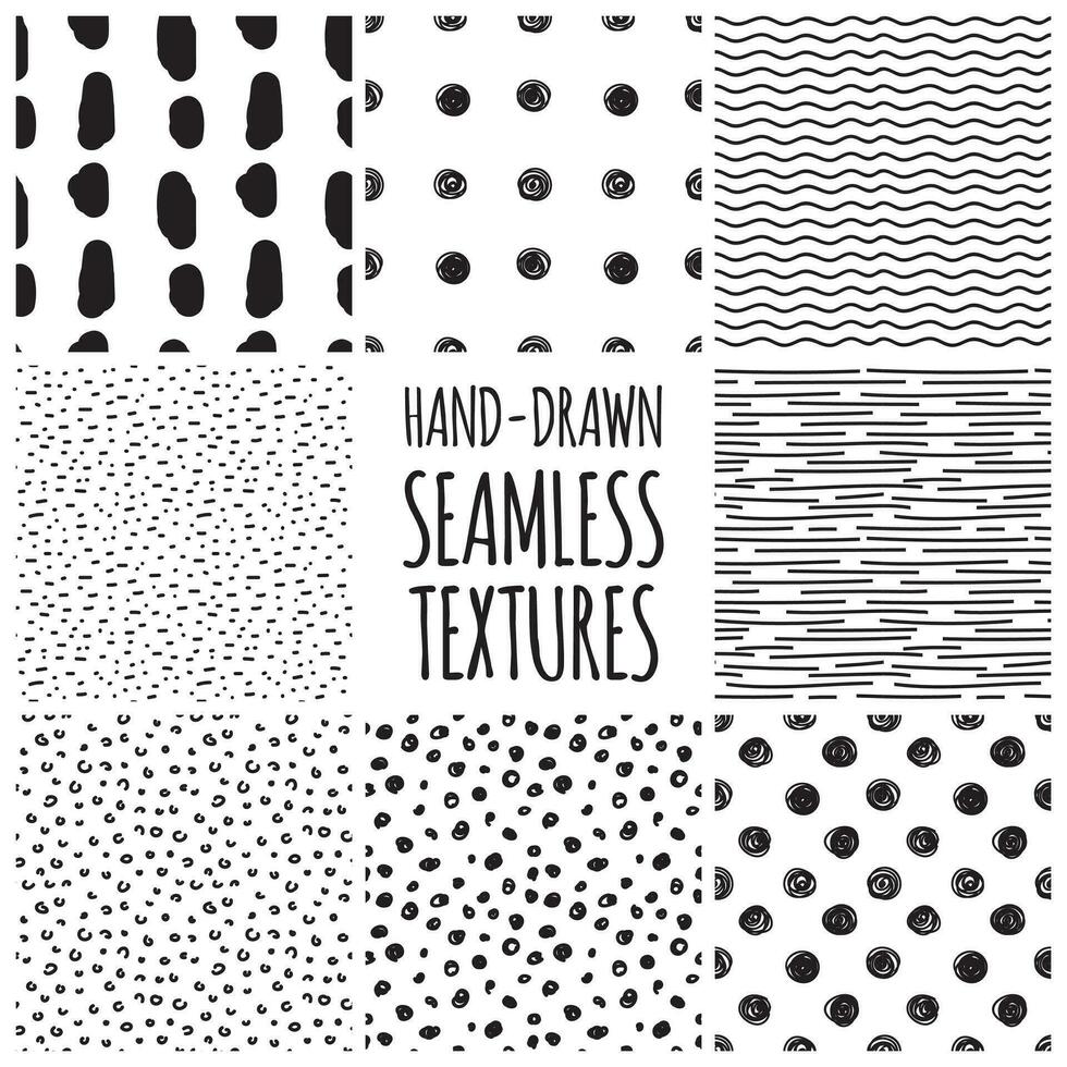 Set of seamless sketchy doodle textures. Black and white pattern. vector