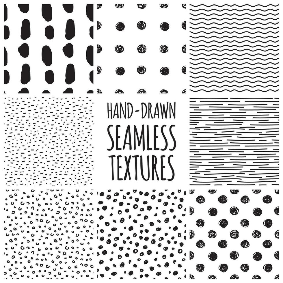 Set of seamless sketchy doodle textures. Black and white pattern. vector