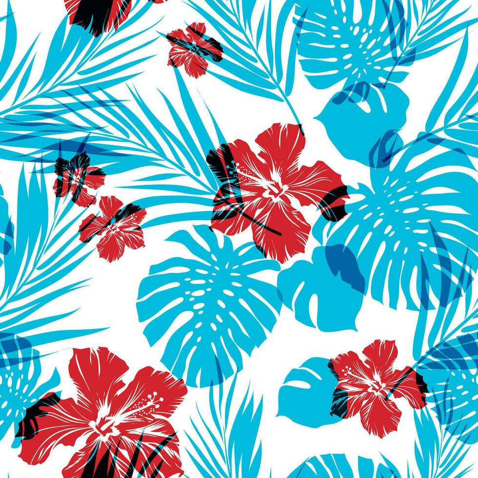 Seamless summer tropical pattern with monstera plam leaves and hibiscus flowers. Vector illustration.