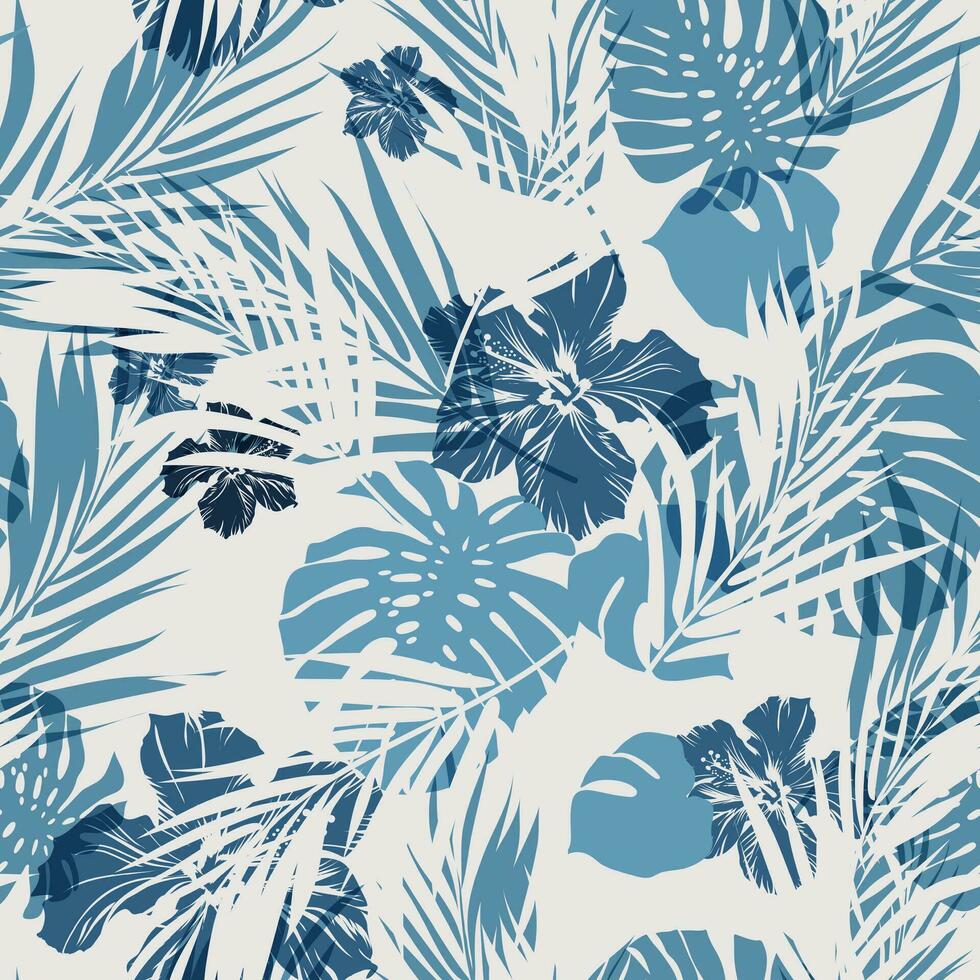 Seamless summer tropical pattern with monstera plam leaves and hibiscus flowers. Vector illustration.