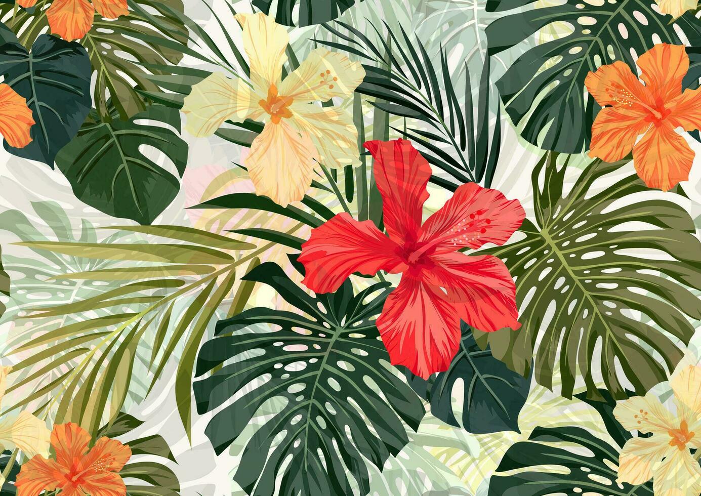 Seamless summer tropical pattern with monstera plam leaves and hibiscus flowers. Vector illustration.