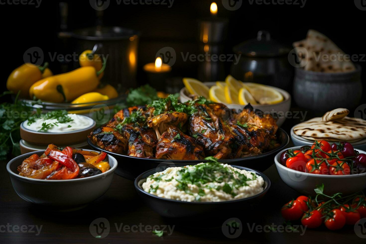 Photography of a mouthwatering plate of food, set against a dark background. photo