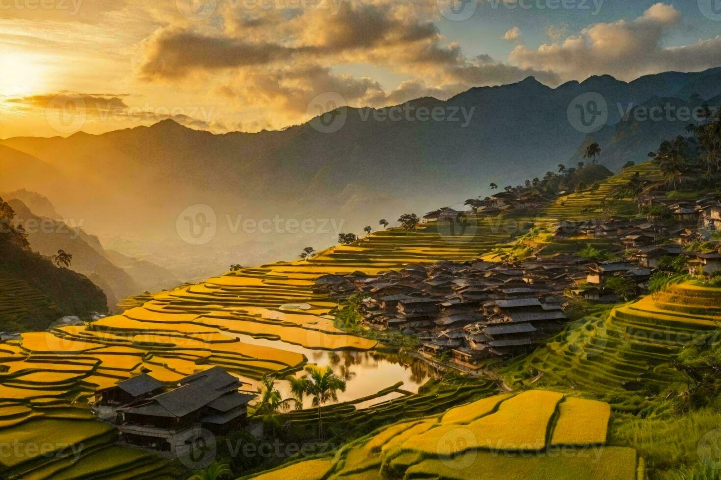 beautiful landscape of a village in a valley. photo