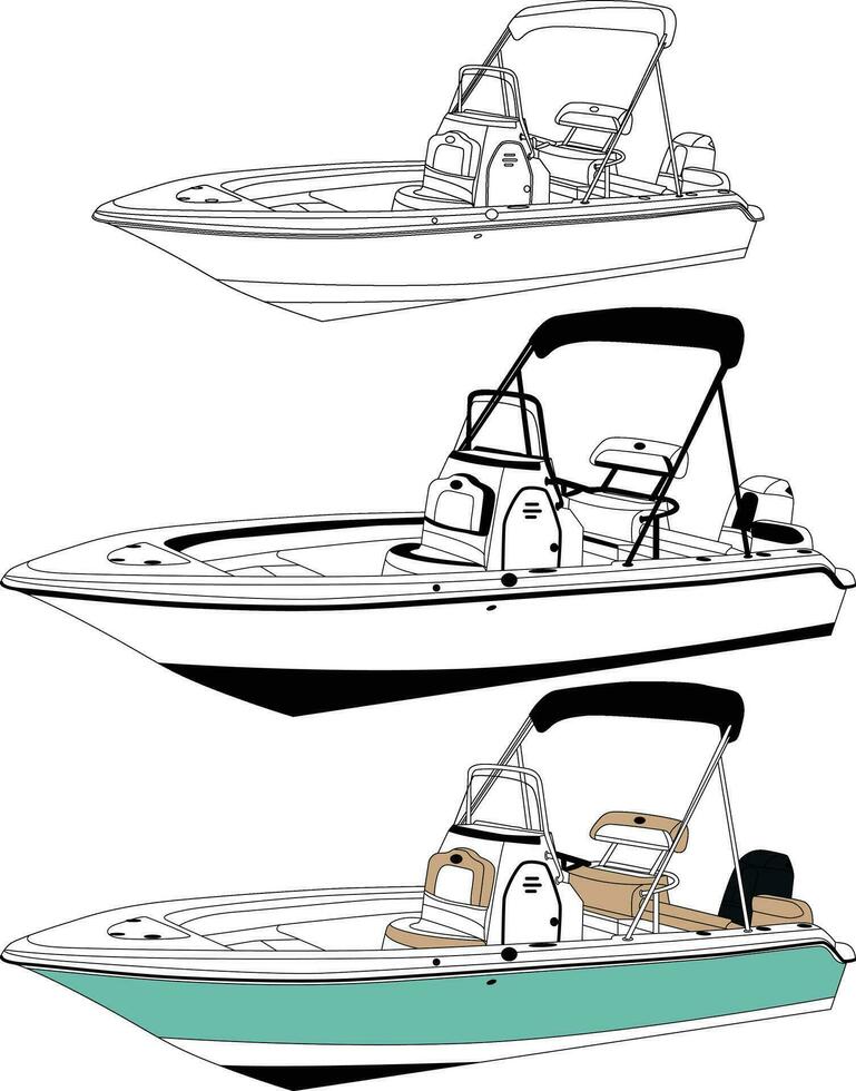 Boat vector, Side view fishing boat vector line art illustration