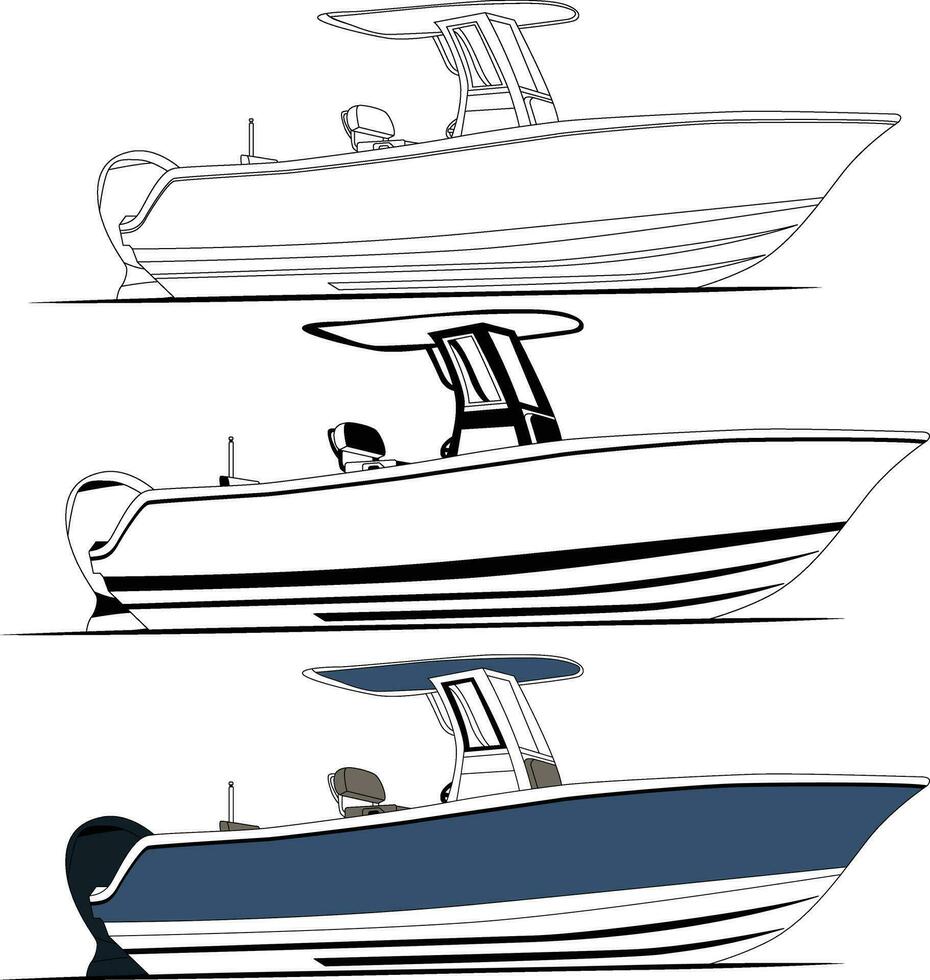 Boat vector, Side view fishing boat vector line art illustration