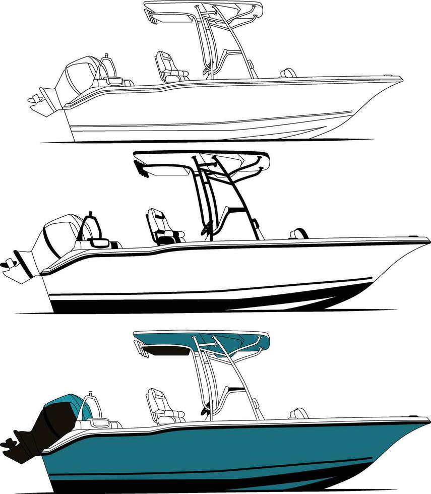 Boat vector, Side view fishing boat vector line art illustration