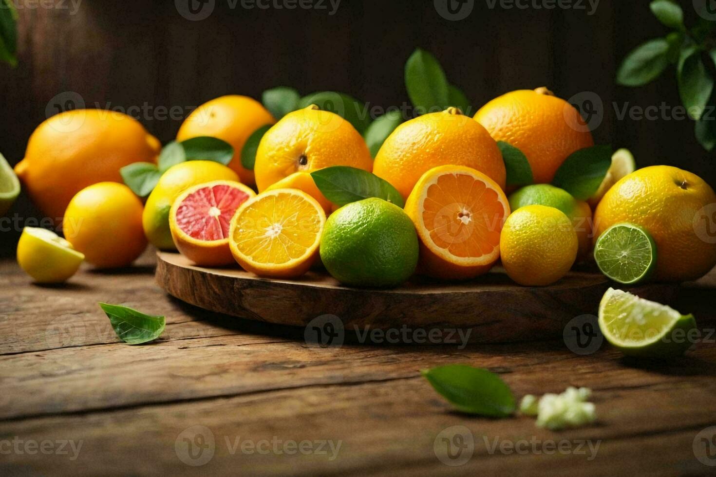 Food Photography of a vibrant collection of citrus fruits, including oranges, lemons, and grapefruits. photo